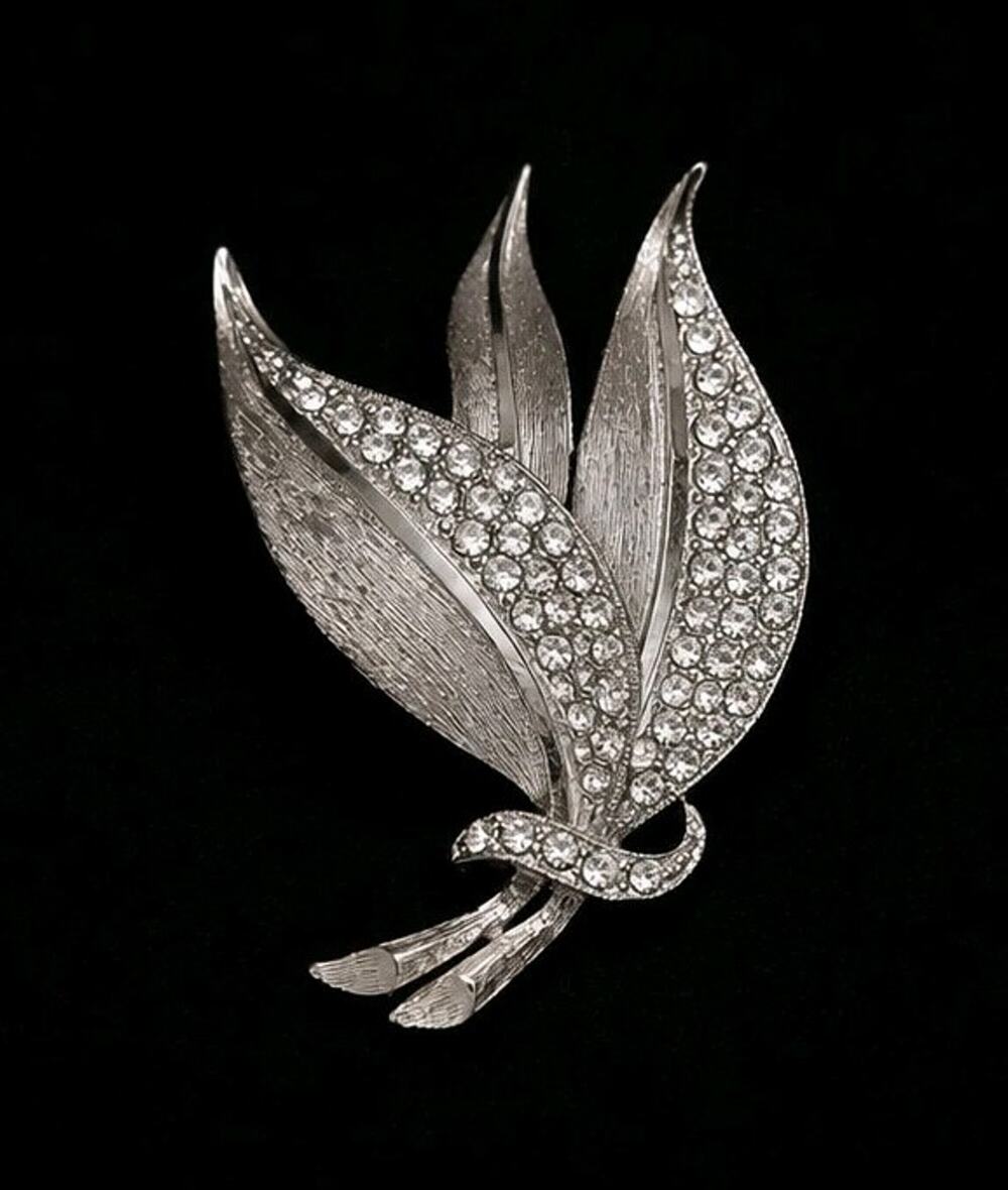 Vintage Silver Tone Clear Rhinestone Leaf Cluster Brooch Textured MidCent